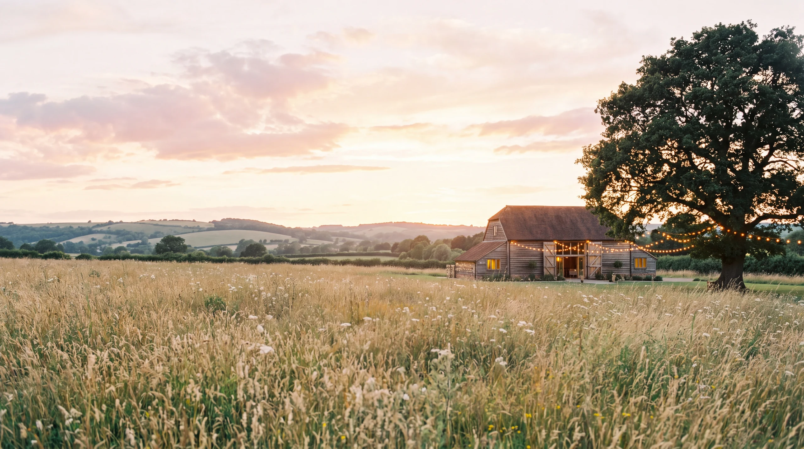 The oak-framed barn in a wildflower meadow at golden hour, doors open and lights glowing
