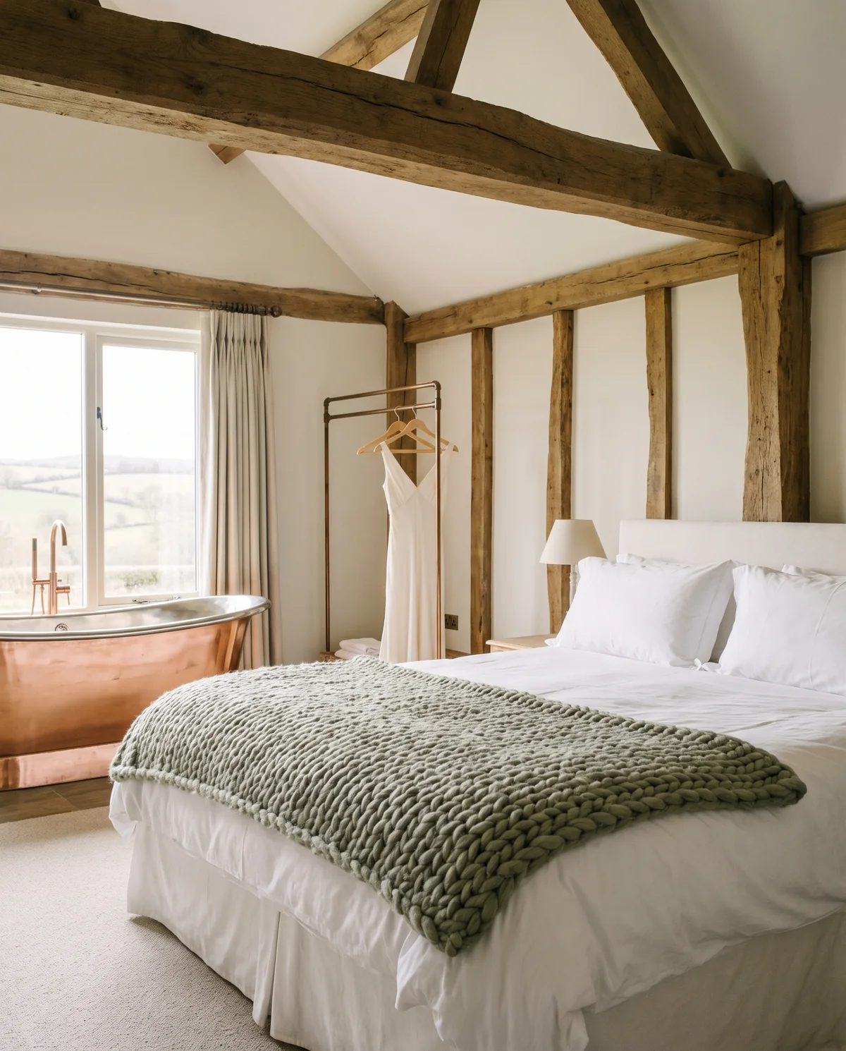 The bridal suite with a white bed, oak beams and a copper bath by the window