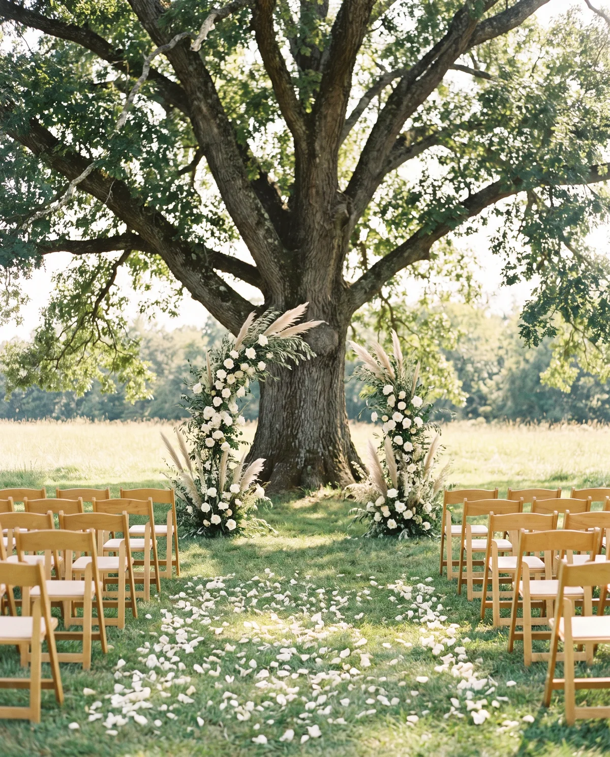 Wooden chairs in the meadow facing an arch of white roses under the oak