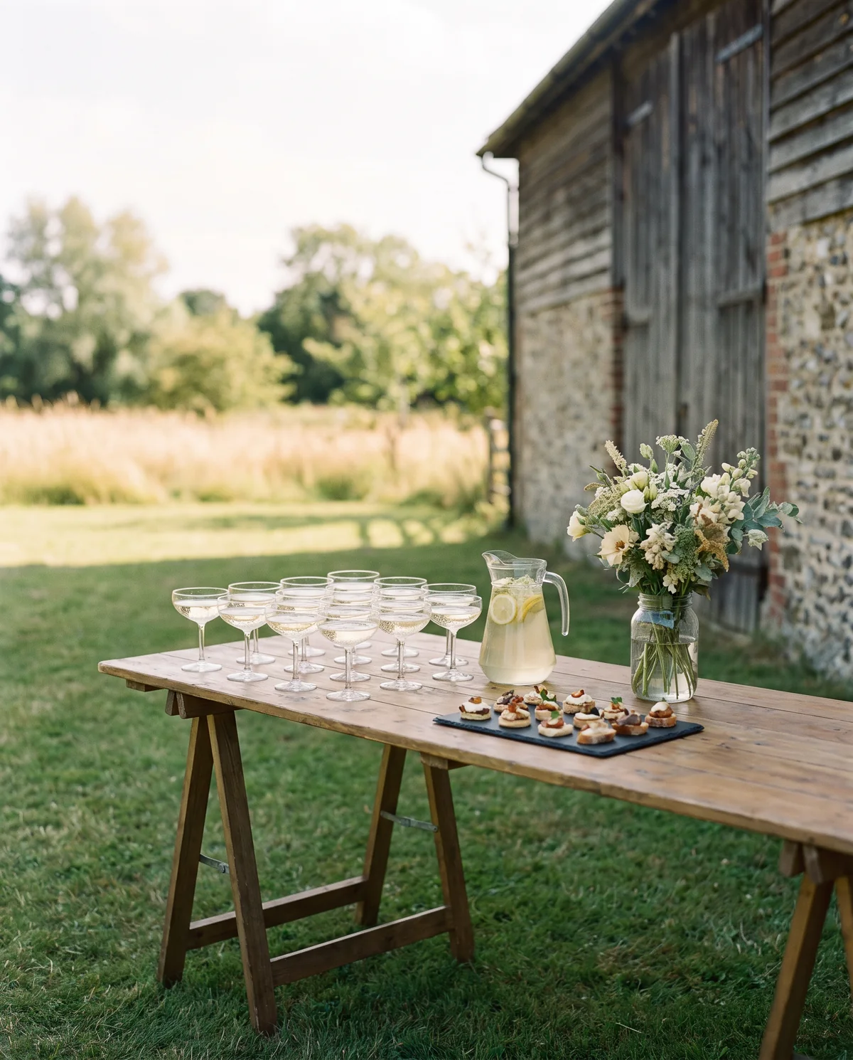 Glasses of sparkling wine and canapés on a wooden table on the lawn