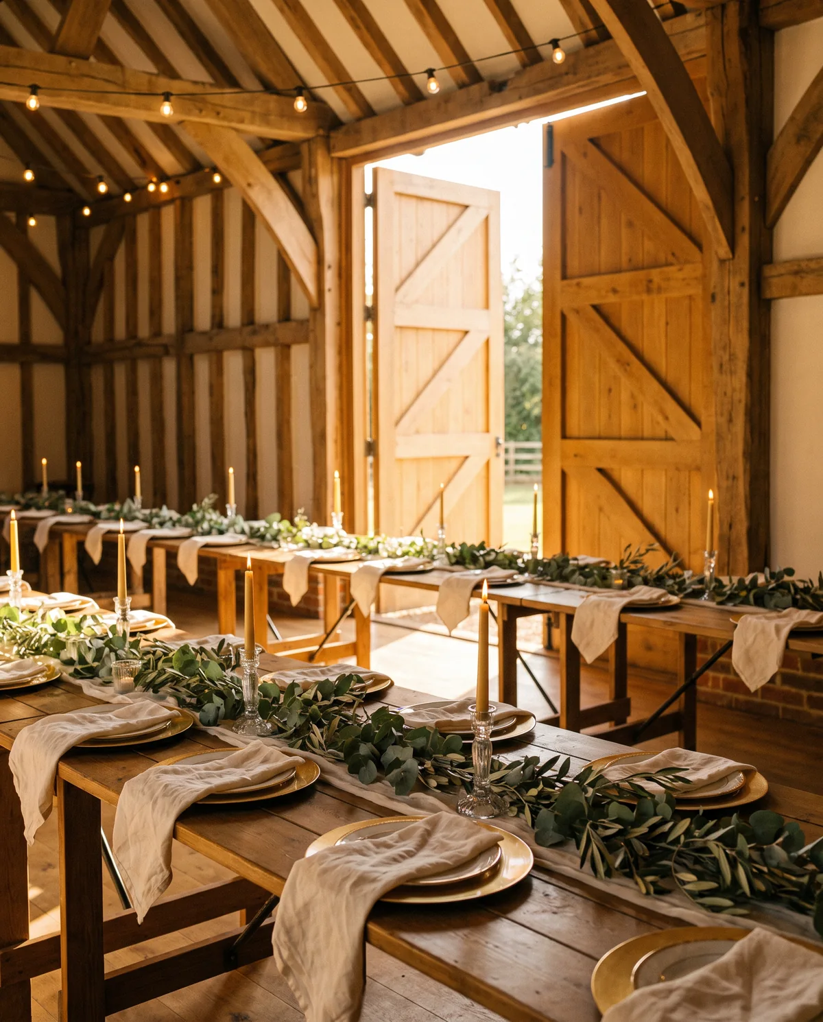 Long candle-lit tables set inside the barn under oak beams