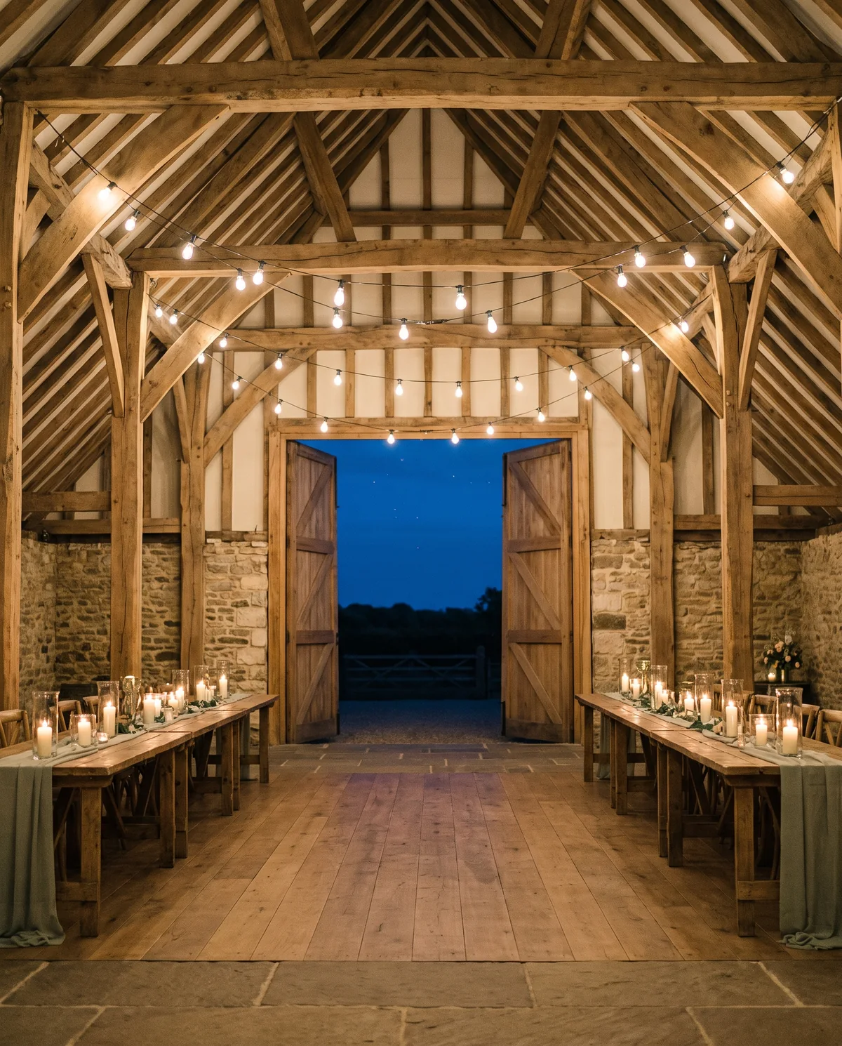 The barn at night under a canopy of warm string lights